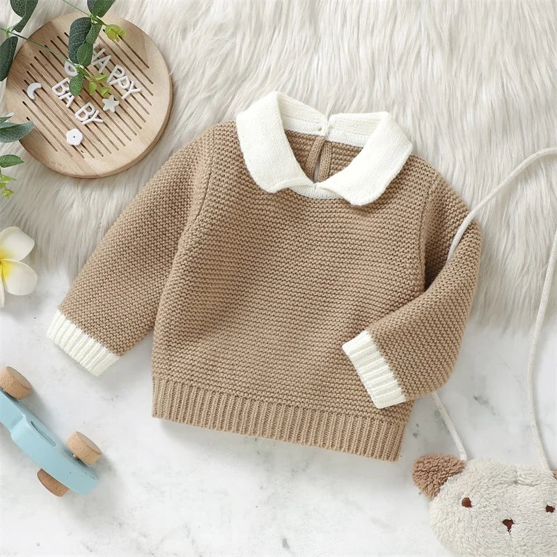 Baby Knitted Sweaters Long Sleeve Lapel Collar Contrast Color Pullover Tops