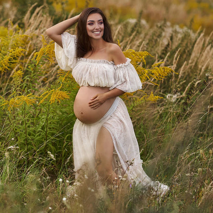 Maternity Gown For Photo Shoot elegant Two Piece White Lace Dresses