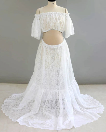 Maternity Gown For Photo Shoot elegant Two Piece White Lace Dresses