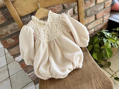 Baby Fleece Thick Lace Collar Puff Sleeves Bodysuit Newborn Infant Onesie