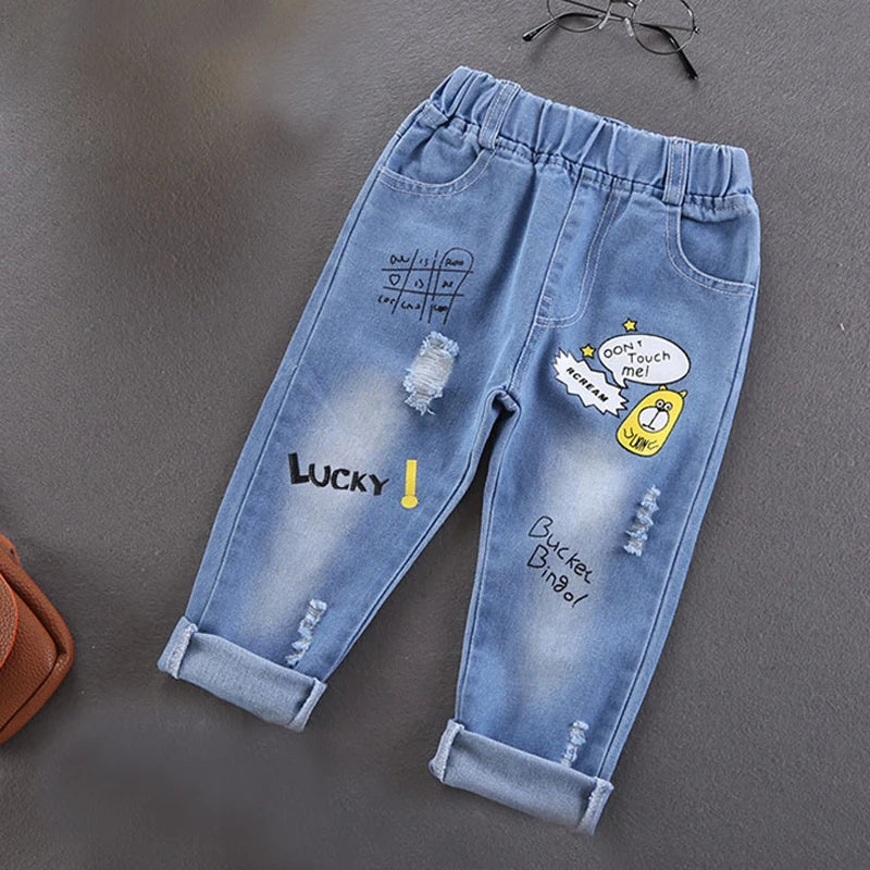 Children Jeans  Boys Cotton Print Splice Stretch Denim Pants