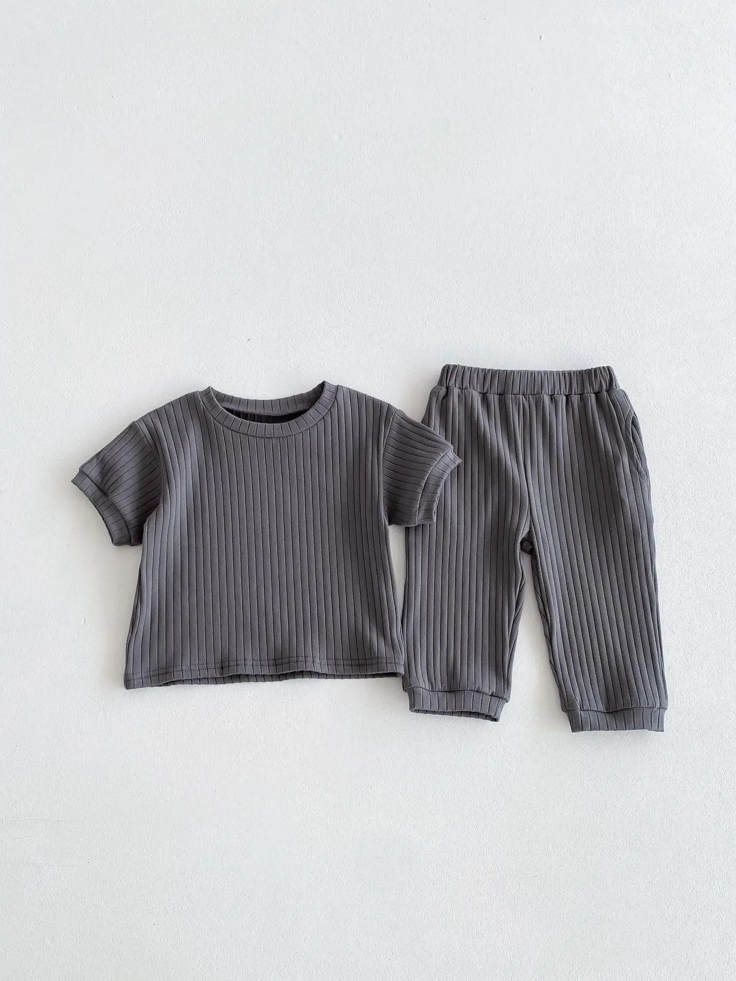 Boy Girl Children Solid Ribbed Short Sleeve Tops+Pants Pyjamas Set