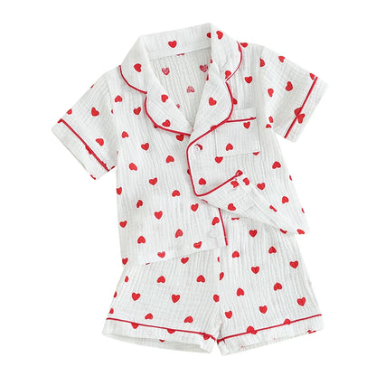 Toddler Baby Girl Pajama Set Button Down Short Sleeve Tops + Elastic Waist Heart Print