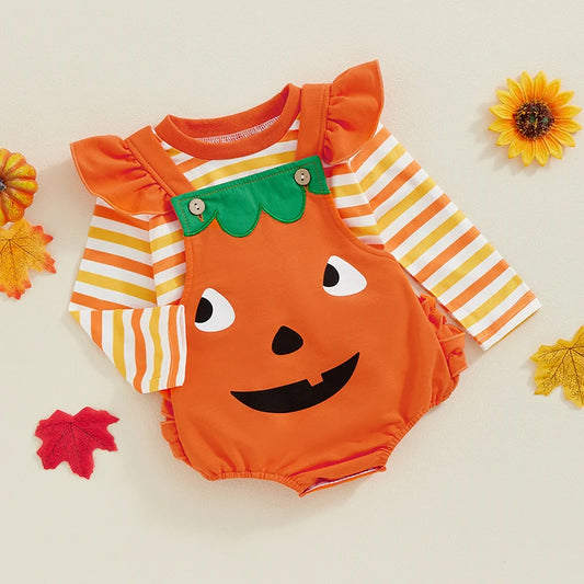 Baby Girls Halloween 2Pcs  Romper and Pumpkin Pattern Button Strap