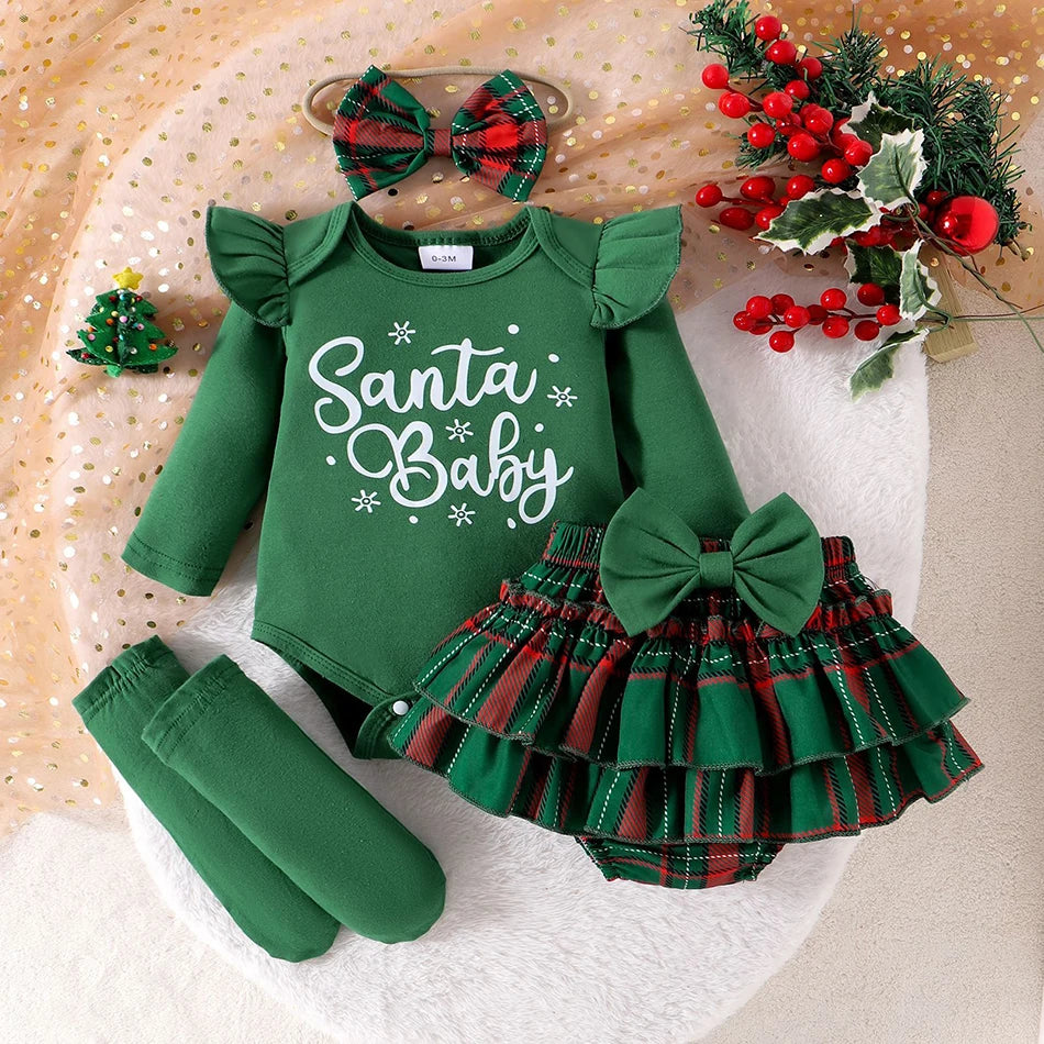 Newborn Christmas Jumpsuit Santa Claus Elk Elf Printing Top+Skirt+Headband+Sock