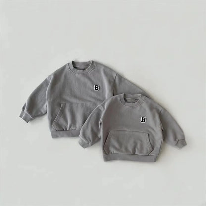 Boy Letter Sweatshirts Embroidery Pocket All-match Kid Tops