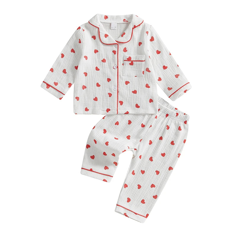 Girls Pajama Set Heart Print Long Sleeves Shirt and Elastic Waist Pants