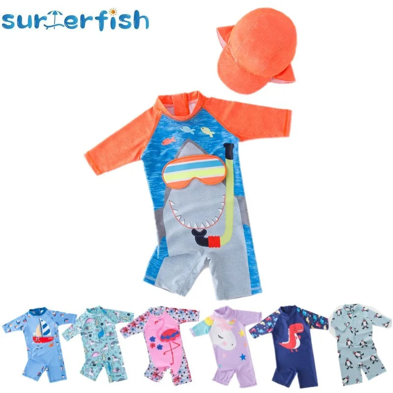 boys girls swimwear with cap surfing Wear swimming suit infant bathing Suit