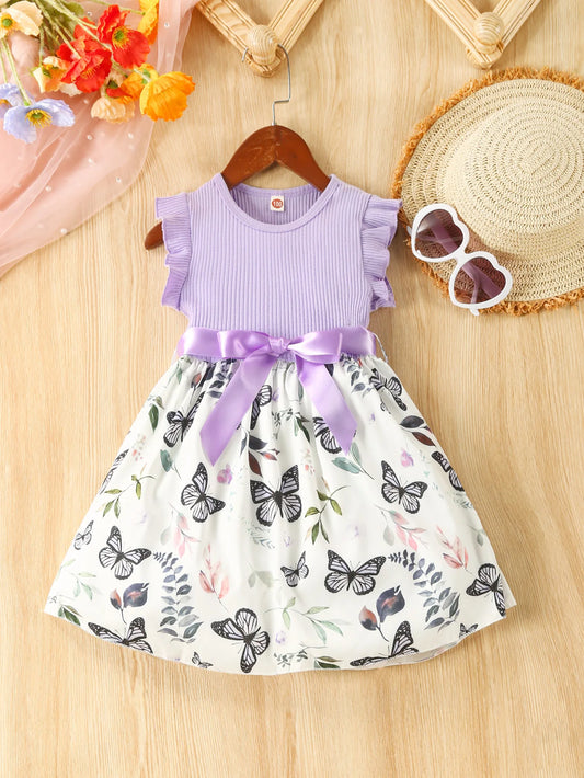 Girls Sweet Casual Ruffled Butterfly Flower Print Dress