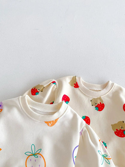 Baby Long Sleeve Set Infant Girl Cute Strawberry Bear Print Sweatshirt + Pants