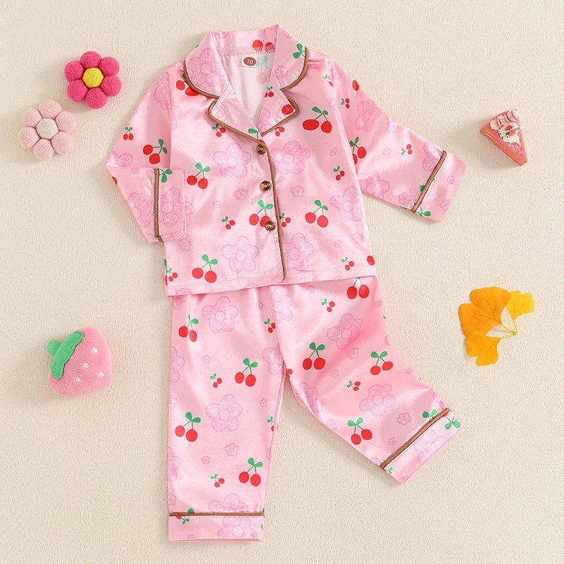 Strawberry/Cherry Print Long Sleeve Button Shirts with Elastic Waist Pants Sleepwear