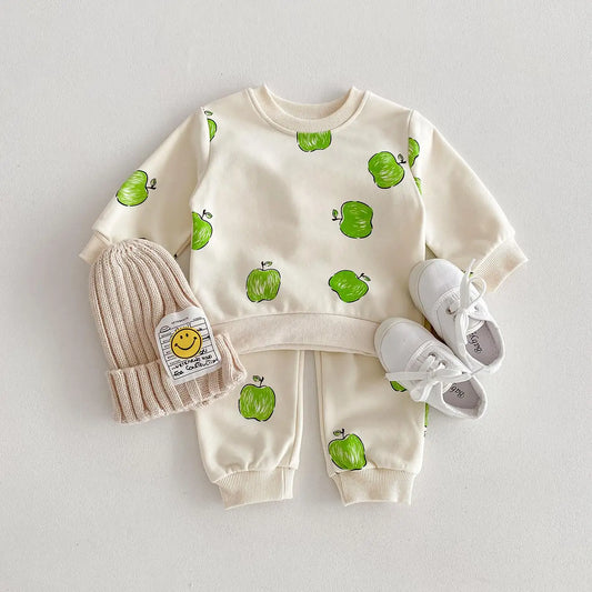 Boy Girl Children Apple Print Long Sleeve Tops + Pants 2pcs Tracksuit