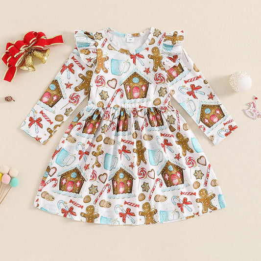 Girls Christmas Element Print Ruffle A-Line Dress for Toddler