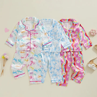 Toddler Girls Satin Pajama Set, Bow Print Tops Elastic Waist Pants