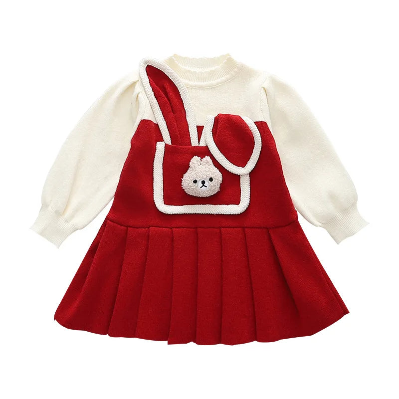 Autumn Winter Baby Girl Princess Dress Cotton Bear Ears Pocket Spliced Dress