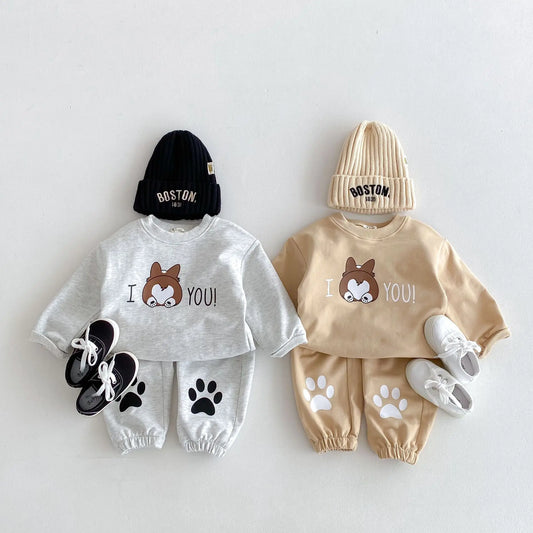 Children Casual Sweatshirt+Pants 2pcs Suit Autumn Baby Cartoon Print Letter Clothes