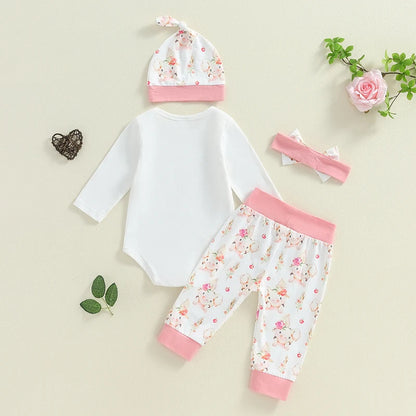 Baby Girls Letter Print Romper Pig Print Long Pants Headband Hat 4Pcs Clothes Set