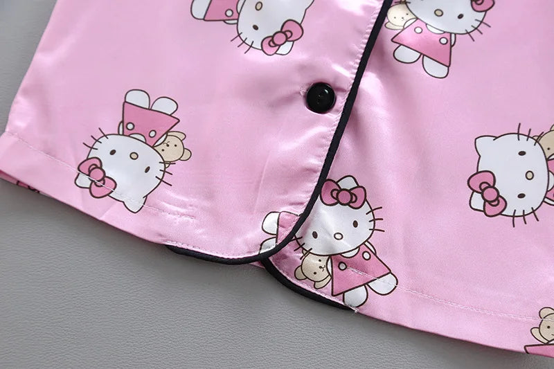 Children Spring Lapel Neck Long Sleeve Sanrio Hello Kitty Print Top+Trousers