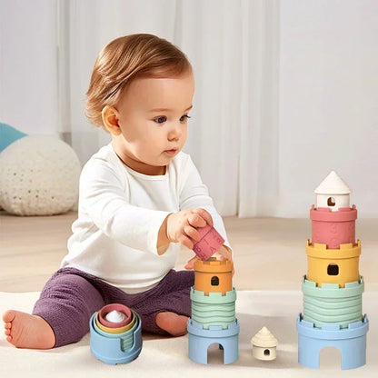 Baby Cartoon Silicone Castle Stack Cup Toys Digital Cognitive Building Blocks for Kids