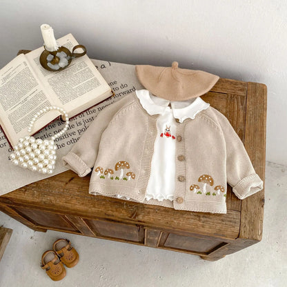 Baby Long Sleeve Sweater Coat Mushroom Embroidery Infant Boy Girl Knitted Cardigan