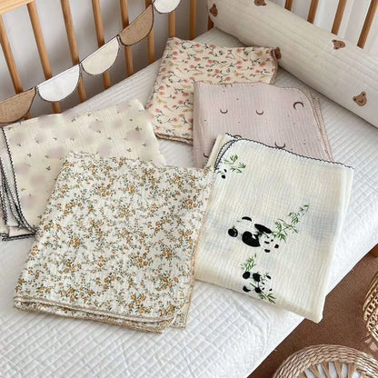 Baby Muslin Blanket Gauze Thin Quilt Floral Print Double Layer Cotton Swaddle Blanket Stroller Cover Kids Bedding
