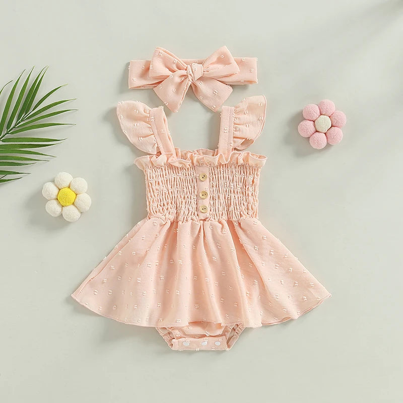 Baby Girls Romper Solid Color Flying Sleeve Ruched Button Playsuit with Headband