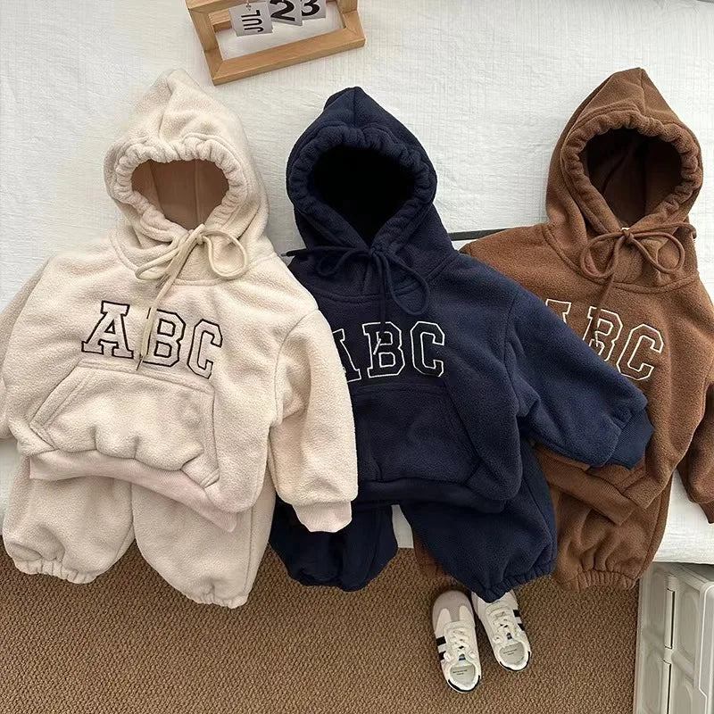 Boy Baby Fleece Thick Hoodies Set Girl Children Plus Velvet Warm Tops+Pants 2psc