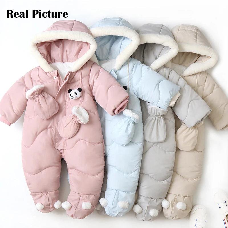 Winter Newborn Baby Romper Warm Panda Boy  Girls Jumpsuit With Gloves