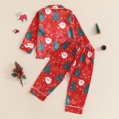 Girls Christmas Satin Pajama Set Santa Claus Print Long Sleeve Button Down Tops Pants