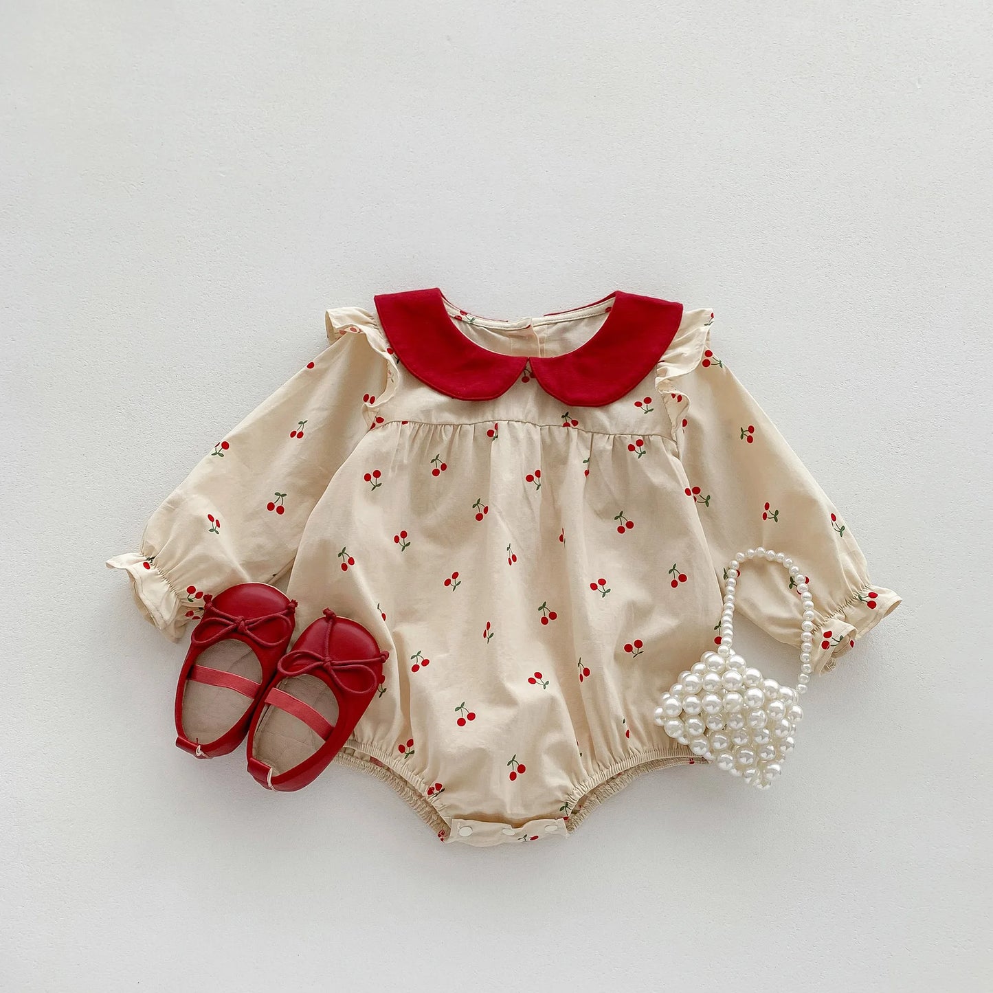 Baby Clothes Sweet Cherry Printed Girls Bodysuit Newborn Peter Pan Collar