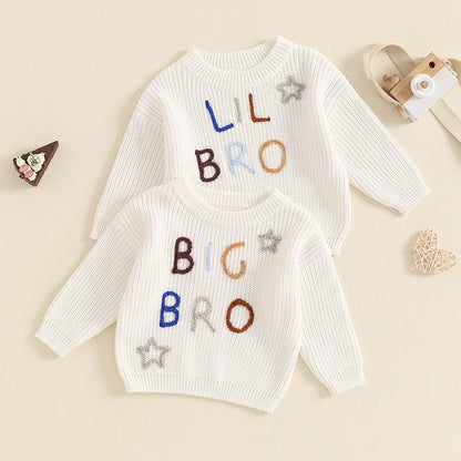 Little Boy Knitted Sweater Letter Star Embroidery Crew Neck Long Sleeve Casual Pullover