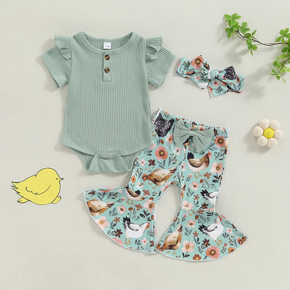 Baby Girl Romper Outfit Ribbed Jumpsuit with Floral Chick Flare Pants , Headband