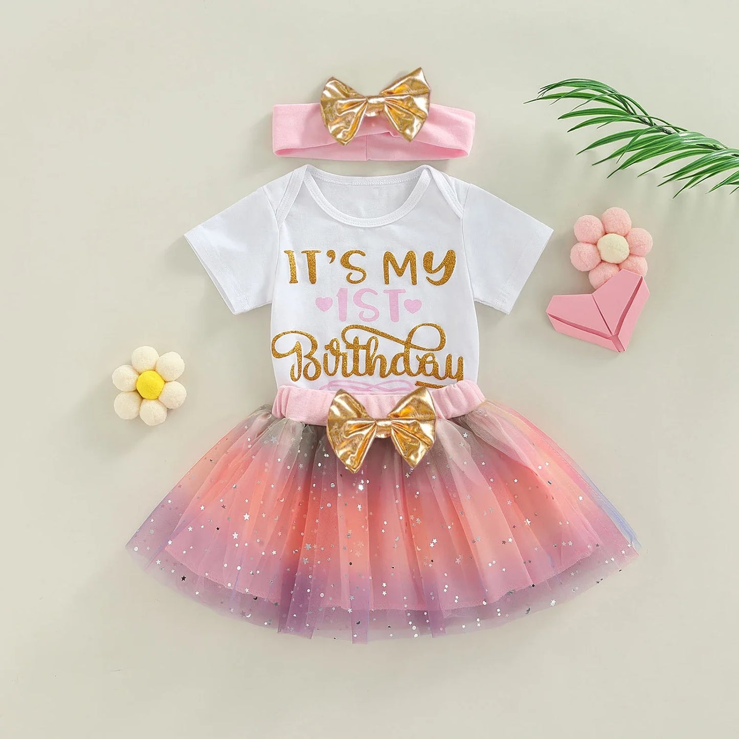 3Pcs Baby Birthday Bodysuits Cotton Short Sleeved Birthday Gifts Party Clothes