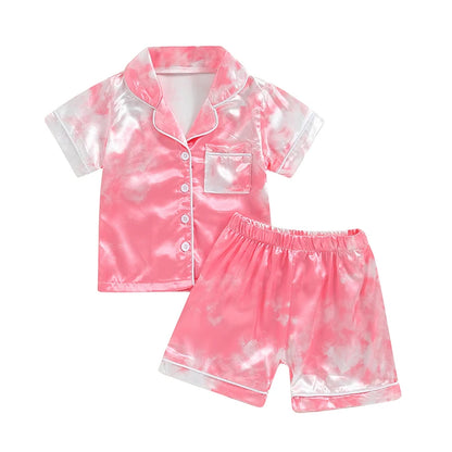 Girls Summer Pajama Sets Tie Dye Print Shirt Shorts Sleepwear Casual Homewear