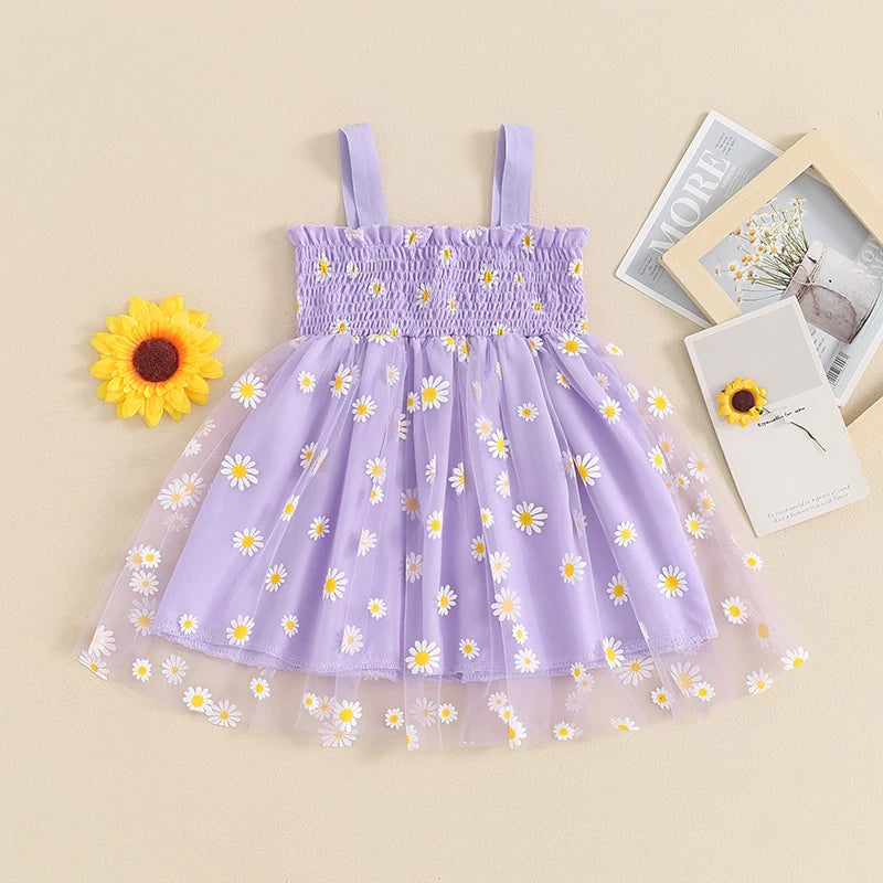 Girls Tulle Dress Daisy Floral Sleeveless Sling Dress