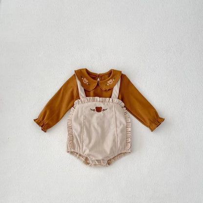 Baby Girls Cute Bear Embroidery Lapel Bottoming Tops + Strap Bodysuit