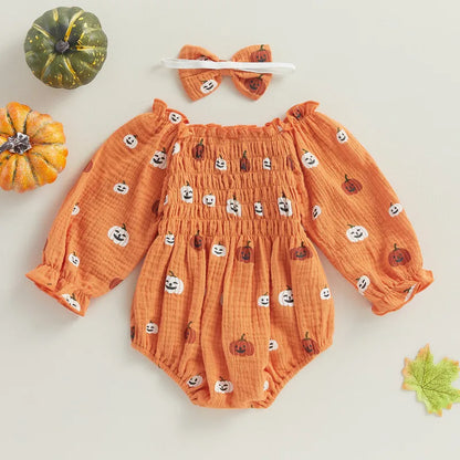 Baby Girl Cartoon Pumpkin Bodysuit Off Shoulder Jumpsuit with Bow Headband