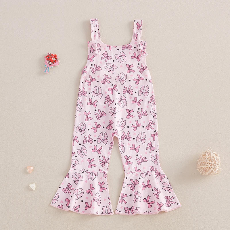 Girls Bib Bow/Dessert Print Sleeveless Flare Jumpsuit Suspender Pants for Toddler