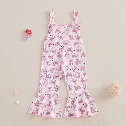 Girls Bib Bow/Dessert Print Sleeveless Flare Jumpsuit Suspender Pants for Toddler