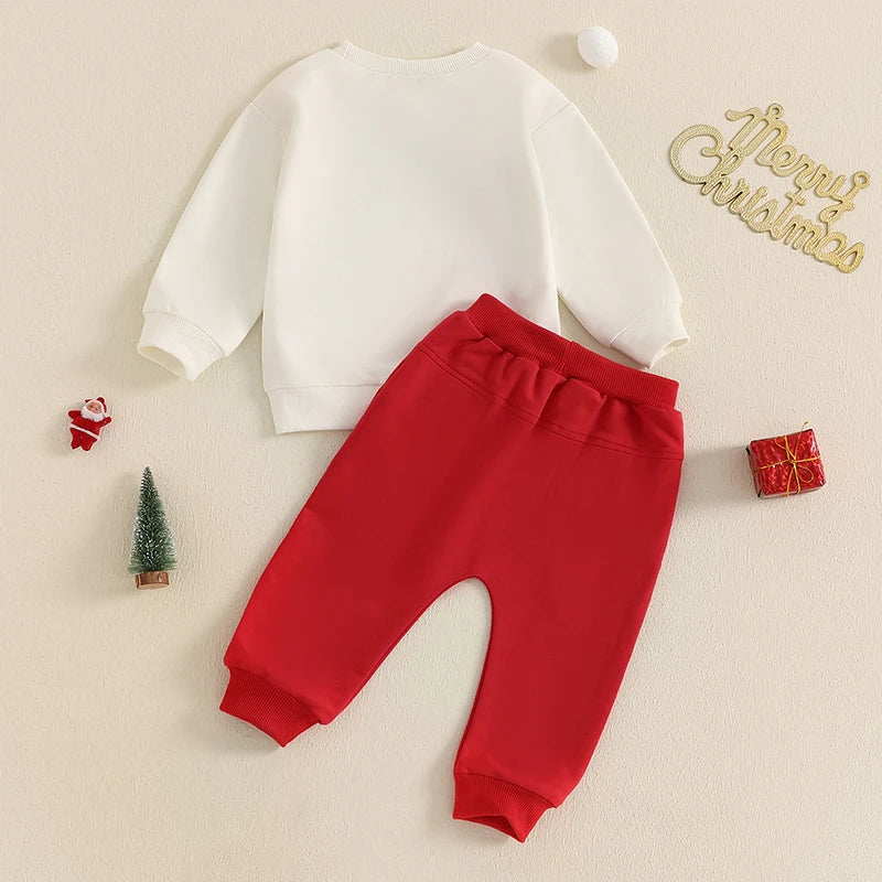 Girl Boy Letter Christmas Tree Embroidery Long Sleeve Sweatshirt with Solid Color Pants