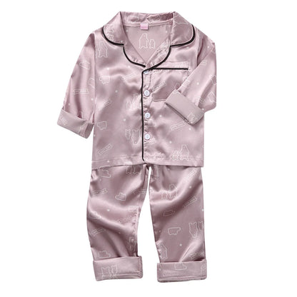 Children Silk Satin Pajamas Set Baby Boys Girls Cartoon Dinosaur Tops Trousers