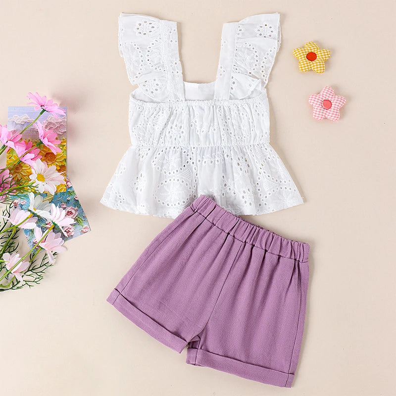 Ruffles Flutter Sleeve Hollow Eyelet Embroidery Camisole Tops Elastic Waist Shorts