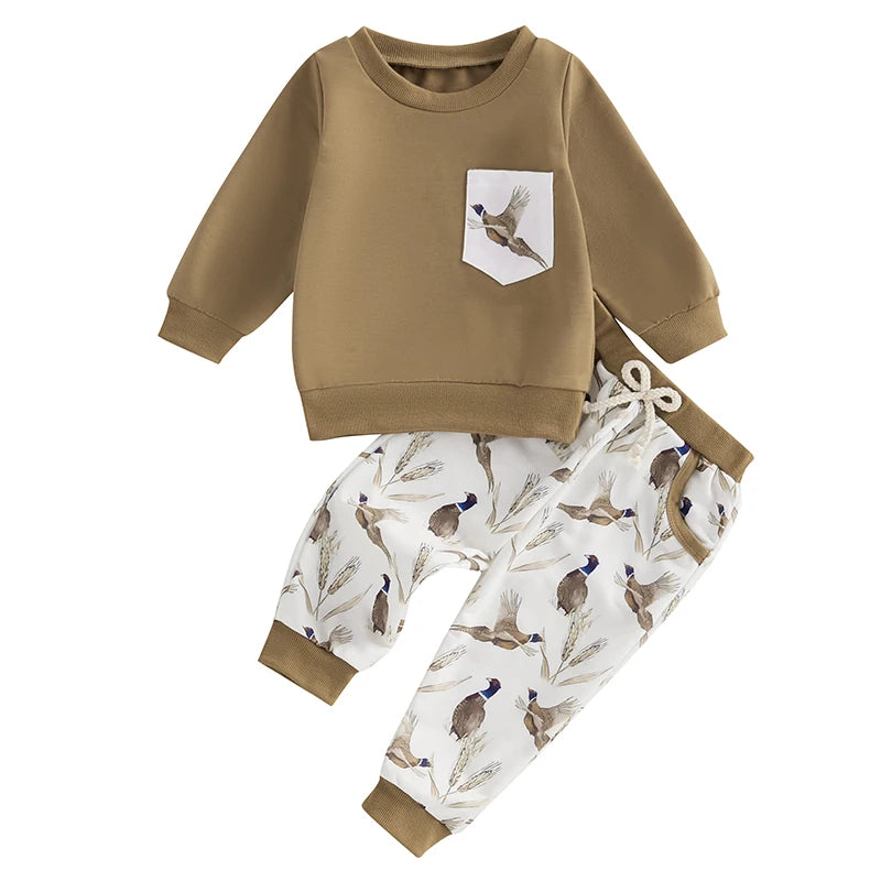 Boy Girl Fall Winter Outfits, Wild Goose Print Pullover Sweatshirt Elastic Waist Pants