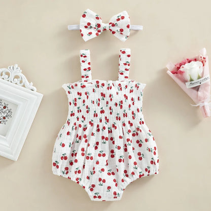 Newborn Infant Girls Carrot Print Sleeveless Cotton Linen Bodysuits Jumpsuits Headband