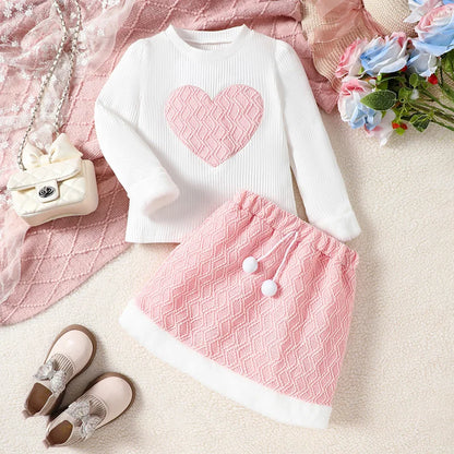 Girls Sweet Heart Pattern Top Elastic Waist Mini Skirts 2Pcs Set