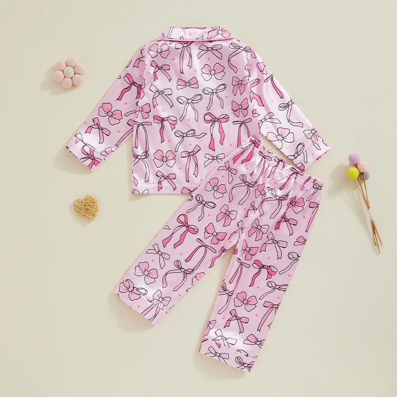 Little Girls Satin Pajamas Set Long Sleeve Bow Print Button Down Shirts and Pants