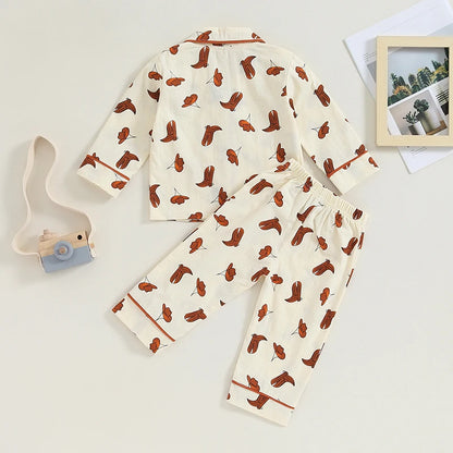 Boy Girl 2-Piece Pajamas Set Daisy Pattern Lapel Button Down Tops Pants