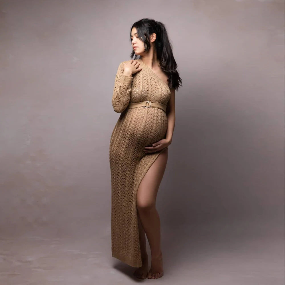 Maternity Photography Dress Sexy High Slit Knitted Dress One Shoulder Long Skirt