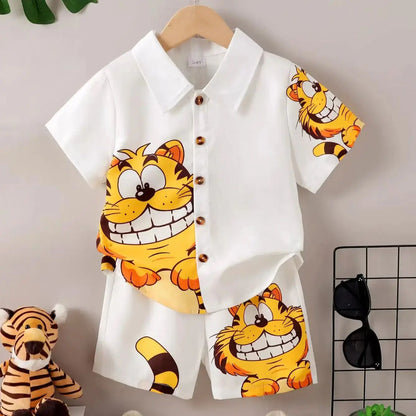 Boy Gentlemen Clothes Set Kitten Pattern Lapel Collar Top with Shorts