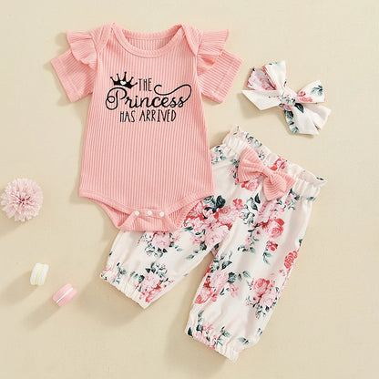 Baby Girls Letter Print Short Sleeves Romper and Floral Pants Headband 3 Piece Set